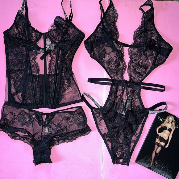 Victoria's Secret 34C/36B M CORSET+M TEDDY One-piece bodysuit BLACK SHINE STRAP